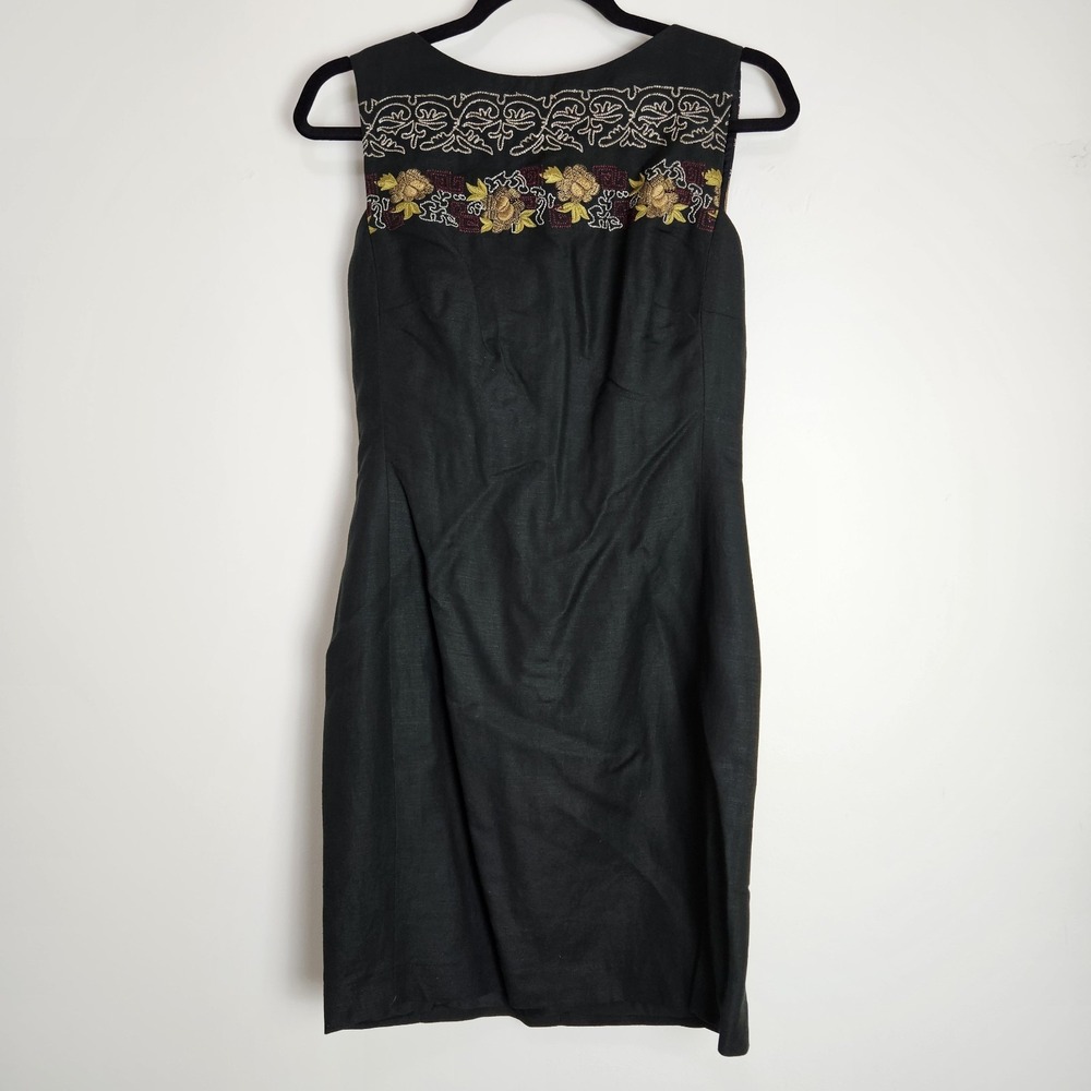 Donna Morgan Dress Size 8 Black Embroidered‎ Sleeveless Lined Linen Rayon Blend